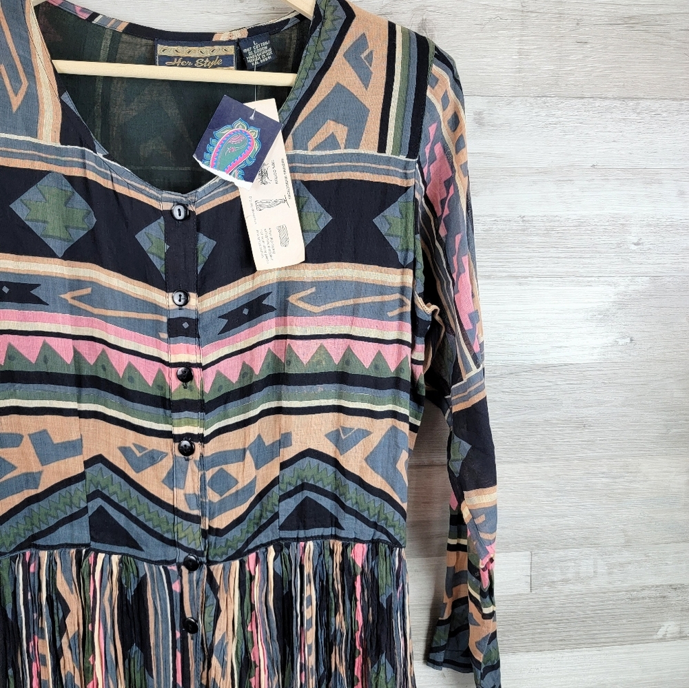 Vintage 80s Her Style Sheer Cotton Button Front Pleated Maxi Dress Size LG NWT - Picture 14 of 16